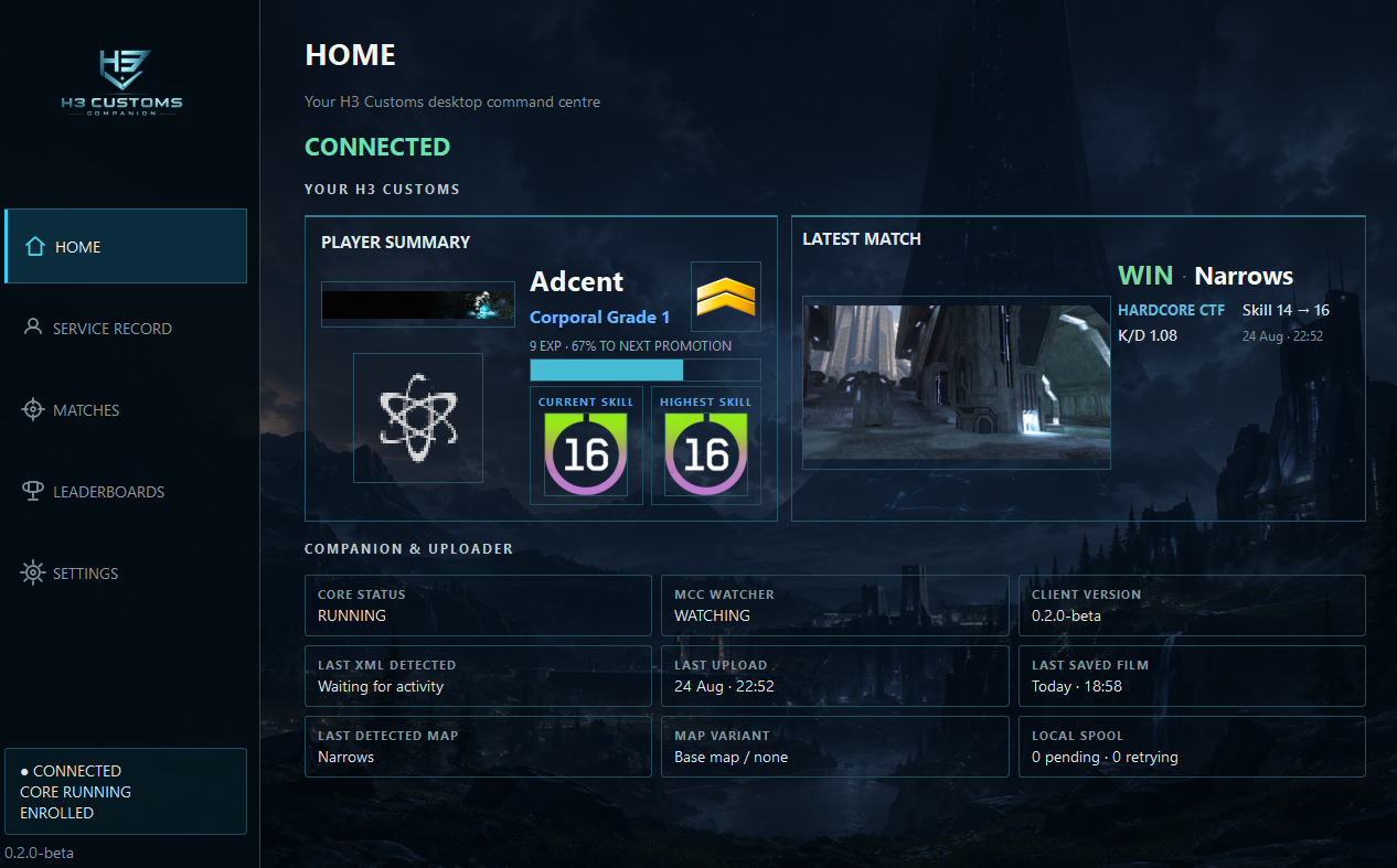 Real H3 Customs Companion Home screen